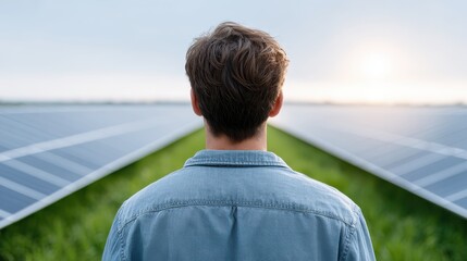 Fototapeta premium A silhouette figure observing solar panels across a wide green field, sunlight reflecting off the panels