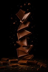 Stylish close-up of stacked chocolate shards floating in motion, cocoa crumbs flying around, highlighted by soft warm light and deep shadows on black, creating premium, elegant mood