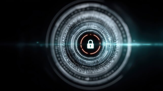 A futuristic chat interface with chatbot in center and data lock animation around it