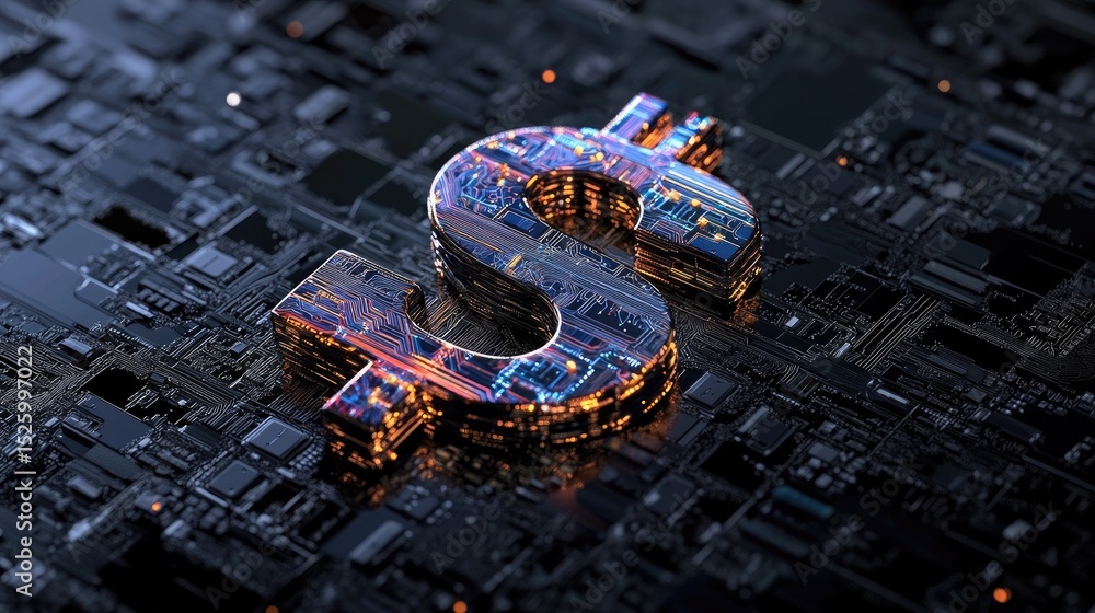 Poster digital dollar sign made of glowing lines and circuits over a dark tech-inspired backdrop