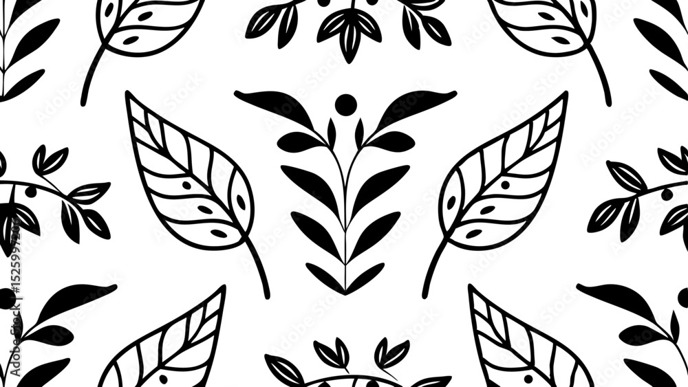 Poster black and white floral pattern with leaves and branches in a seamless repeating arrangement design s