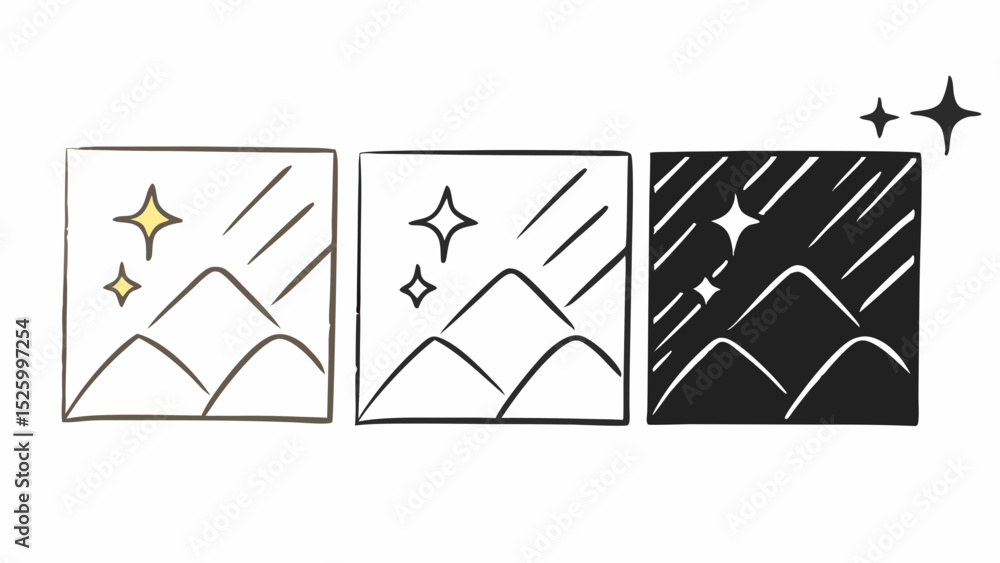 Poster three landscape drawings showing day night cycle with mountains and stars in square frames created w