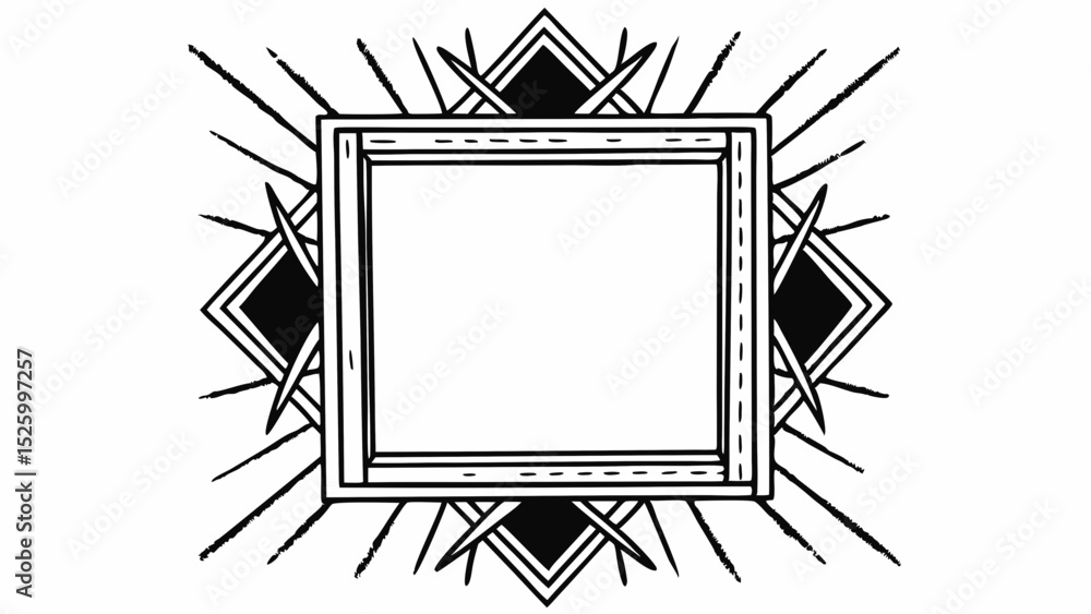 Poster illustration of a rectangular frame surrounded by geometric shapes and radiating lines design elemen