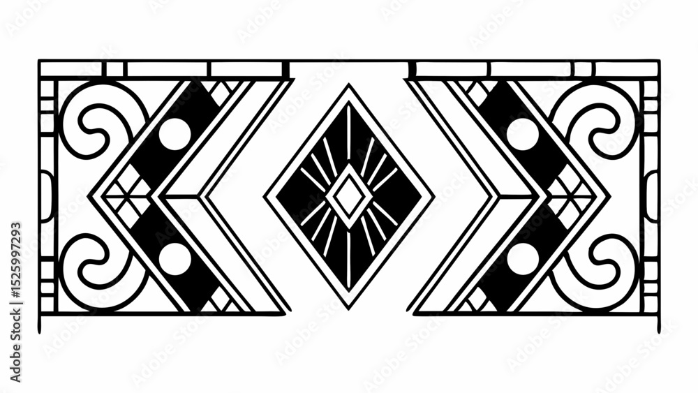 Poster black and white art deco design with diamond shapes and symmetrical patterns in a line border style 
