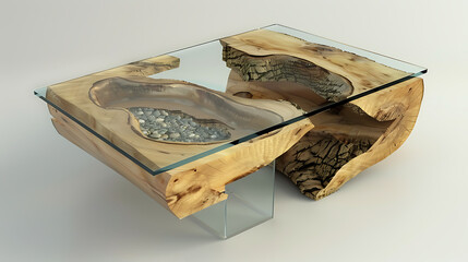 A unique coffee table made from a crosssection of a tree trunk with a glass top and a decorative arrangement of river rocks inside, showcasing modern design and natural materials