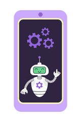 Robot and gears on the smartphone screen. Concept of digital security and technical support. Isolated vector illustration.