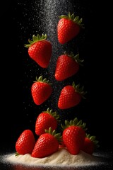 Ripe strawberries suspended mid-air as sugar rains down, captured with perfect lighting and high contrast, highlighting freshness, sweetness, and movement in a black studio setting