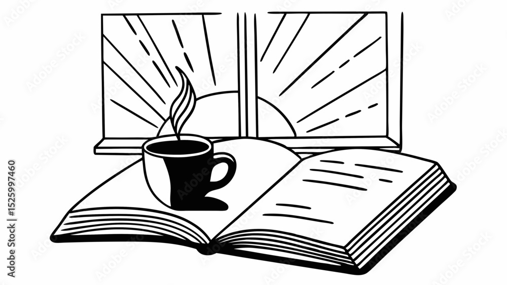 Poster a cup of coffee on an open book in front of a window with sunlight streaming through it is shown her