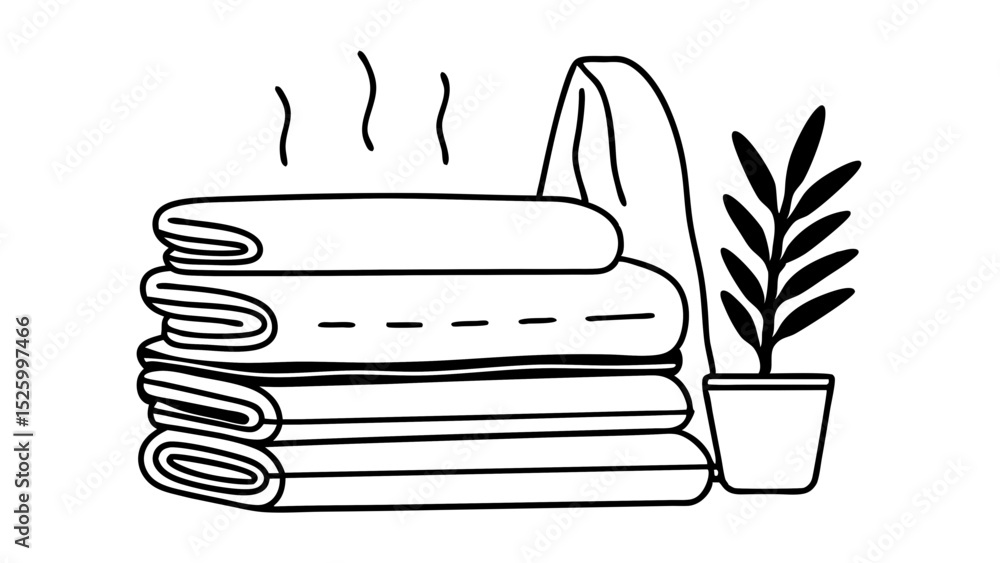 Poster illustration of a stack of folded towels with steam and a potted plant in monochrome style created w