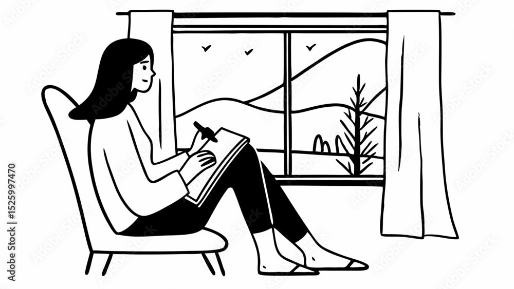 Aufkleber illustration of a woman drawing in a sketchbook while sitting by a window with a nature view outside