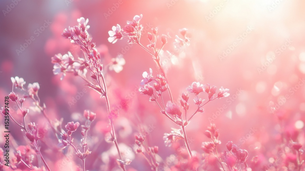 Poster an enchanting soft pink floral background featuring delicate flowers illuminated by ethereal light, 