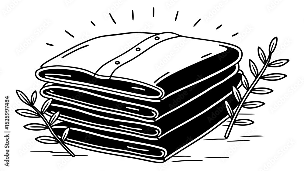 Poster illustration of a neatly folded stack of shirts with decorative branches on either side in black and