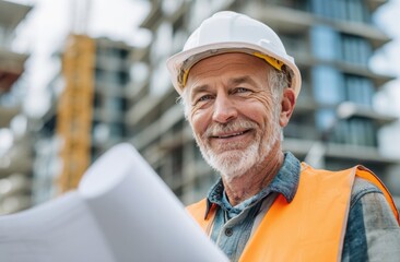 Smiling construction worker plans building project