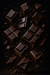 Luxurious dark chocolate chunks shattered and suspended in air, with flying crumbs and rich textures, set on deep black background and lit to emphasize glossy, mouth-watering appeal