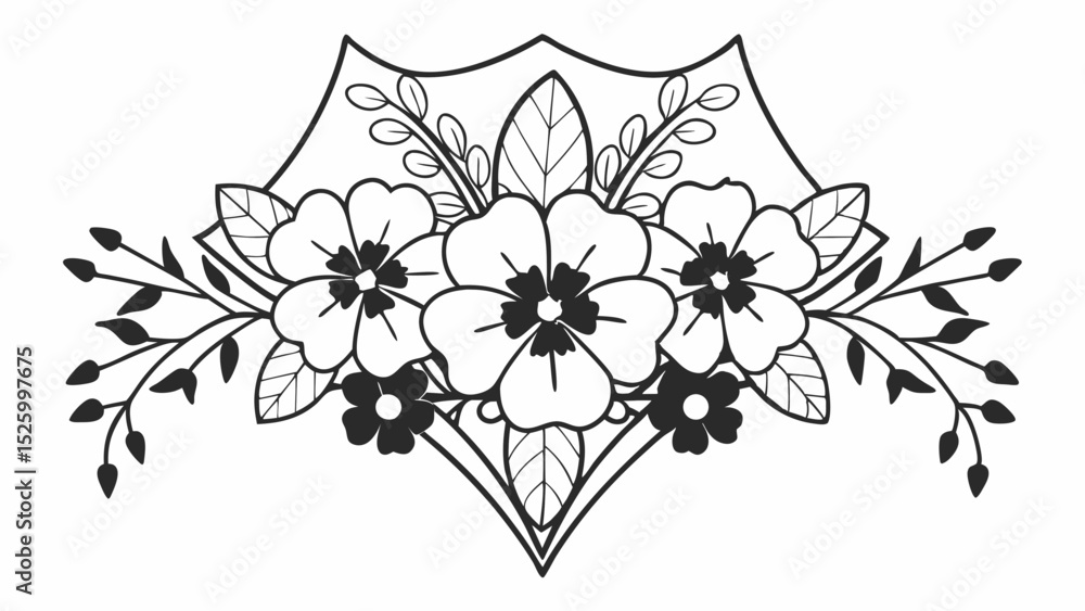 Poster floral arrangement with five flowers leaves and branches in a decorative frame design element vector