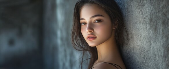 Fototapeta premium A captivating portrait of a young woman showcasing natural beauty. Her soft expression, delicate features, and gentle light create a serene and intimate atmosphere.