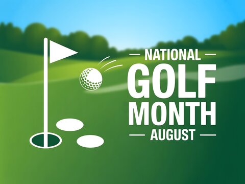National golf month august graphic with golf ball near hole on green course backdrop