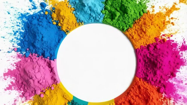 Vibrant Holi powder explosion frame with a white circular center, offering a festive and colorful design template.