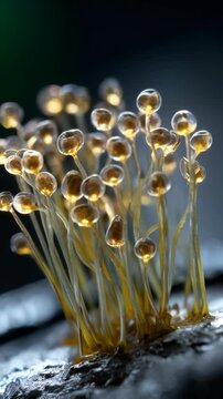Detailed macro view of sprouting delicate physarum polycephalum organisms with translucent stalks and spherical fruiting bodies