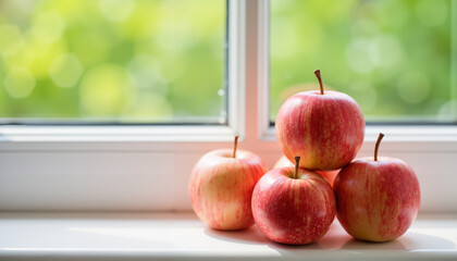 Fresh red apples stacked on windowsill with green blurred background, Apple saved 