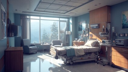 Bright hospital room with scenic mountain view