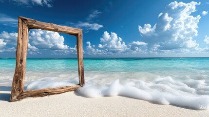 Tropical beach scene with wooden frame in foreground and turquoise waves rolling in