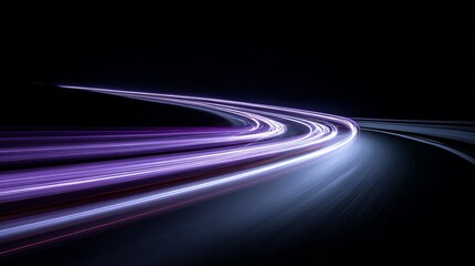 Dynamic purple light trails moving in one direction on black background, abstract futuristic motion concept with glowing lines, energy flow, digital speed, and minimal sci-fi composition