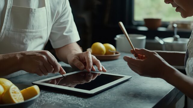 Chefs using tablet while cooking with lemons in kitchen preparing food with wooden spoon and apron