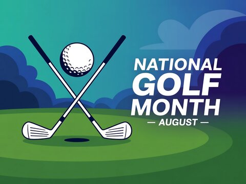 A graphic design promoting national golf month with crossed clubs and a golf ball image