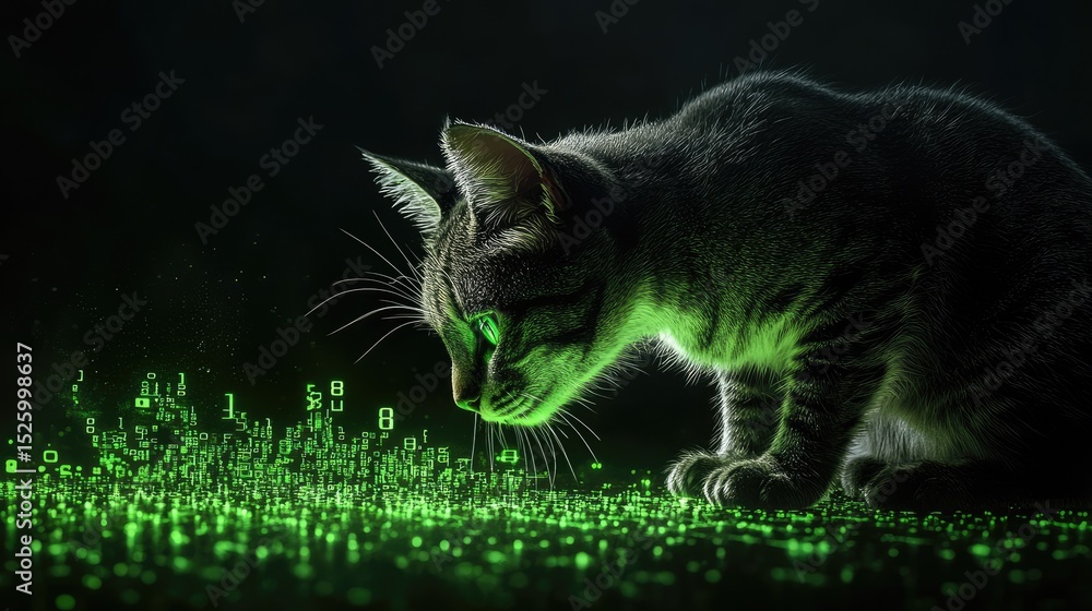 Aufkleber Cyber feline fixated on green binary pattern in futuristic digital environment