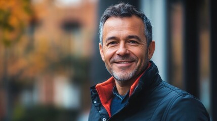 Fototapeta premium A smiling middle-aged man stands outdoors against a blurred autumn background, exuding warmth and confidence in a casual outfit. Perfect for lifestyle themes.