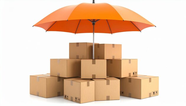 Cardboard boxes grouped under a large orange parasol, isolated on white background, clean layout. Concept of packaging safety and sun protection. 