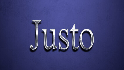 3D Chrome name design of Spanish name Justo on blue Background.