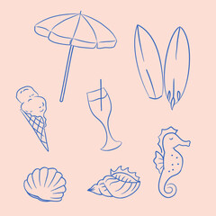 Set of hand drawn summer beach
