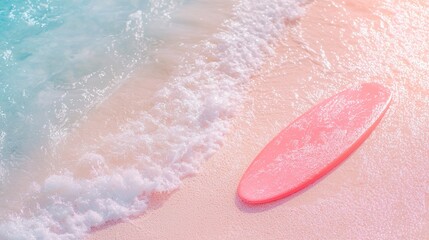 Fototapeta premium summer concept. Surfboard on sandy beach with gentle waves and pastel colors.
