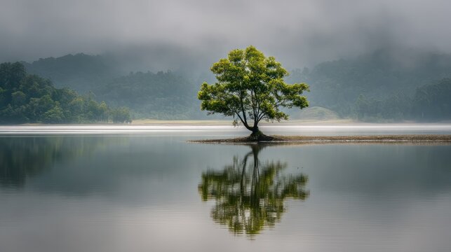 Solitary tree reflecting on calm lake misty morning