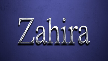 3D Chrome name design of Spanish name Zahira on blue Background.