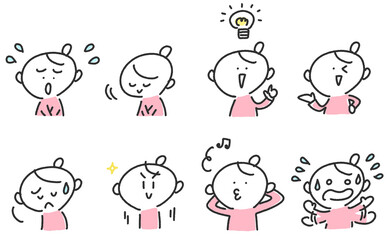 漫画風の様々な感情の女性セット　ひらめく・慌てる・落ち込む