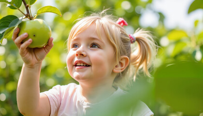 Young girl reaching for green apple in orchard during summer  
