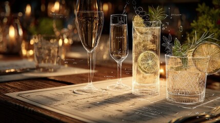 Realistic luxury restaurant table with three hand-drawn mocktail glasses in cinematic commercial style, blending conceptual line art with real environment for elegant visual storytelling