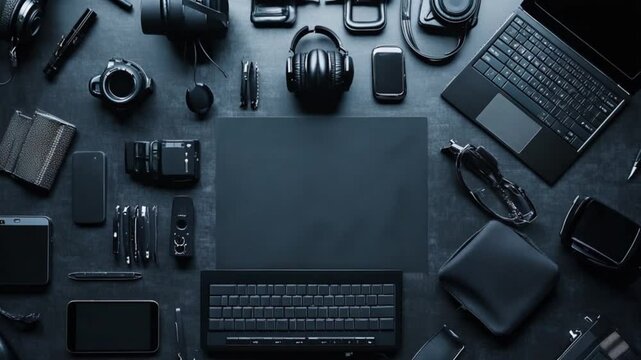 Flat lay of various technology gadgets and accessories on a dark surface, showcasing modern devices