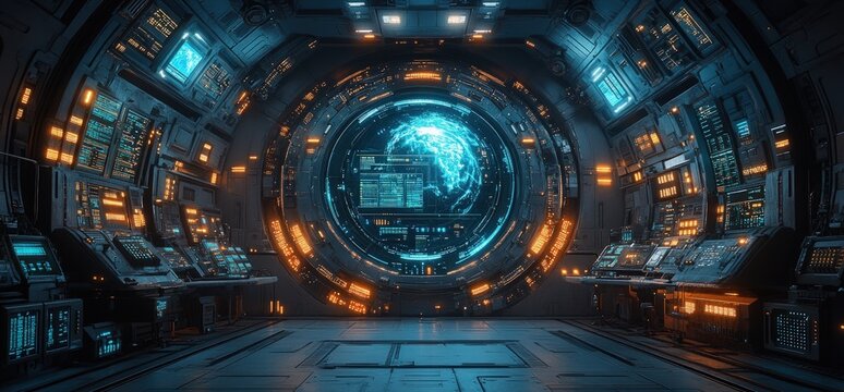 Futuristic spaceship corridor with advanced control panels and holographic display