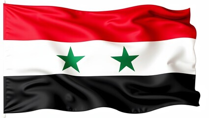 Naklejka premium Photorealistic flag of Syria with red, white, and black stripes, and two green stars. Isolated on white background, with realistic fabric texture and sharp detail.