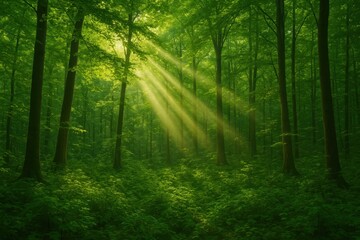 Obraz premium Lush Green Forest: Beams of Golden Sunlight Piercing Through the Leaves for Artistic Realism