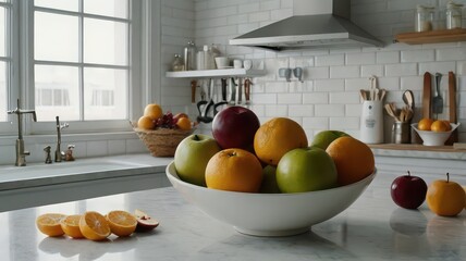 A bright kitchen scene with a bowl of fruit and sliced oranges on a marble countertop near the sink