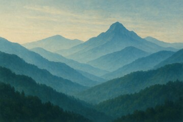 Naklejka premium Mountain Landscape: Layers of Misty Greens and Soft Blues for Artistic Realism