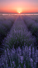 Lavender field in the countryside during sunrise and sunset