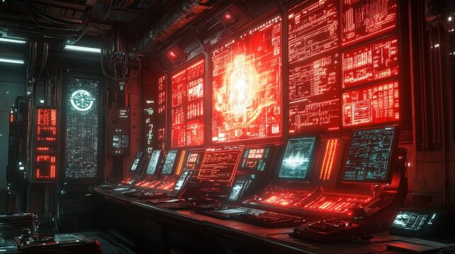 Futuristic control room with glowing screens and consoles