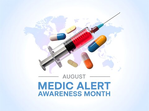 Illustration of medic alert awareness month with syringe and pills on a light blue background