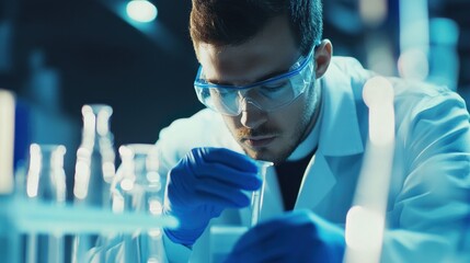 A dedicated male scientist conducts a precise experiment in a high-tech laboratory, using glassware and careful methodology to analyze samples and data.